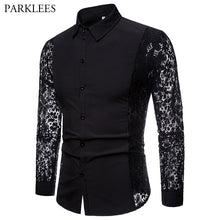 Charger l'image dans la galerie, Mens Flower Patchwork Embroidery Lace Shirt 2019 Fashion Transparent Sexy Dress Shirts Mens See Trough Club Party Event Chemise