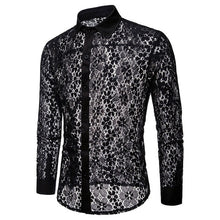 Charger l'image dans la galerie, Mens Flower Patchwork Embroidery Lace Shirt 2019 Fashion Transparent Sexy Dress Shirts Mens See Trough Club Party Event Chemise