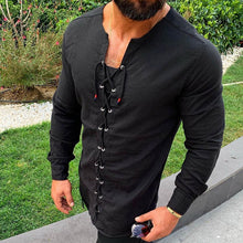 Charger l'image dans la galerie, 2020 Men's Casual Shirts  Pure Colour Tether Cotton Linen Shirts Slim Fit Social Harajuku V Neck Long Sleeve Shirts
