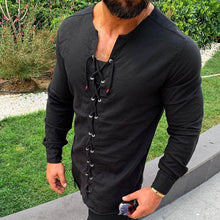 Charger l'image dans la galerie, 2020 Men's Casual Shirts  Pure Colour Tether Cotton Linen Shirts Slim Fit Social Harajuku V Neck Long Sleeve Shirts
