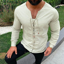 Charger l'image dans la galerie, 2020 Men's Casual Shirts  Pure Colour Tether Cotton Linen Shirts Slim Fit Social Harajuku V Neck Long Sleeve Shirts
