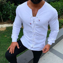 Charger l'image dans la galerie, 2020 Men's Casual Shirts  Pure Colour Tether Cotton Linen Shirts Slim Fit Social Harajuku V Neck Long Sleeve Shirts
