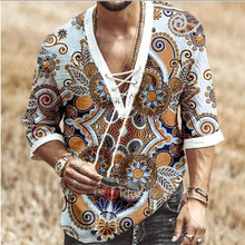 Charger l'image dans la galerie, Men Clothes 2020 European American New Men's Chest Lace-up Short-sleeved Printed Shirt Casual V-Neck Mens Dress Shirts

