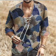 Charger l'image dans la galerie, Men Clothes 2020 European American New Men's Chest Lace-up Short-sleeved Printed Shirt Casual V-Neck Mens Dress Shirts
