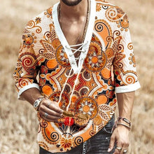 Charger l'image dans la galerie, Men Clothes 2020 European American New Men's Chest Lace-up Short-sleeved Printed Shirt Casual V-Neck Mens Dress Shirts
