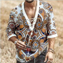 Charger l'image dans la galerie, Men Clothes 2020 European American New Men's Chest Lace-up Short-sleeved Printed Shirt Casual V-Neck Mens Dress Shirts
